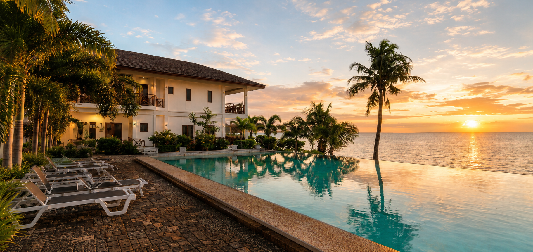 Kasagpan Resort infinity pool beside the sea at sunset